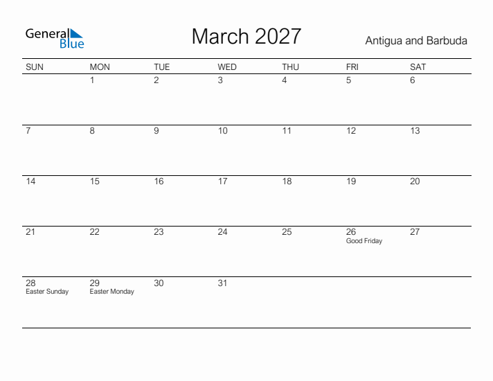 Printable March 2027 Calendar for Antigua and Barbuda