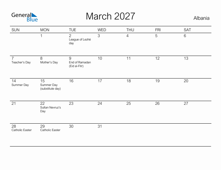 Printable March 2027 Calendar for Albania