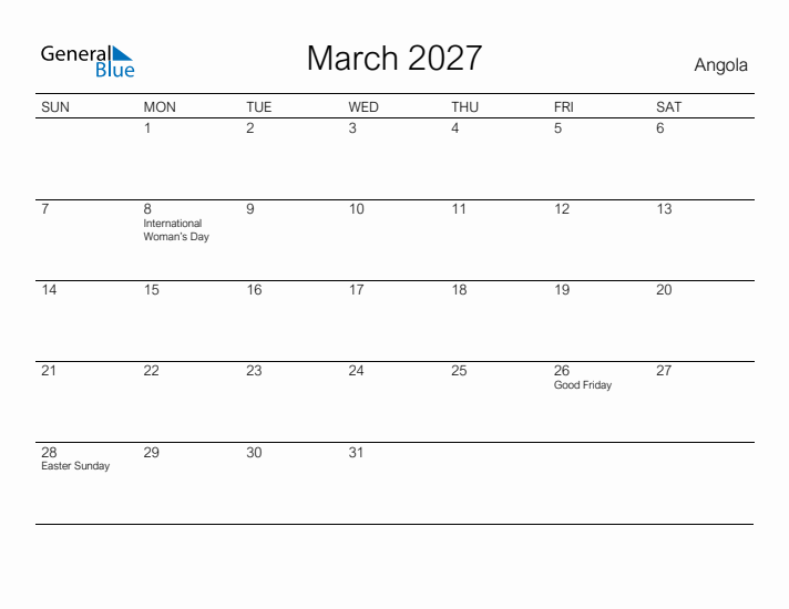 Printable March 2027 Calendar for Angola