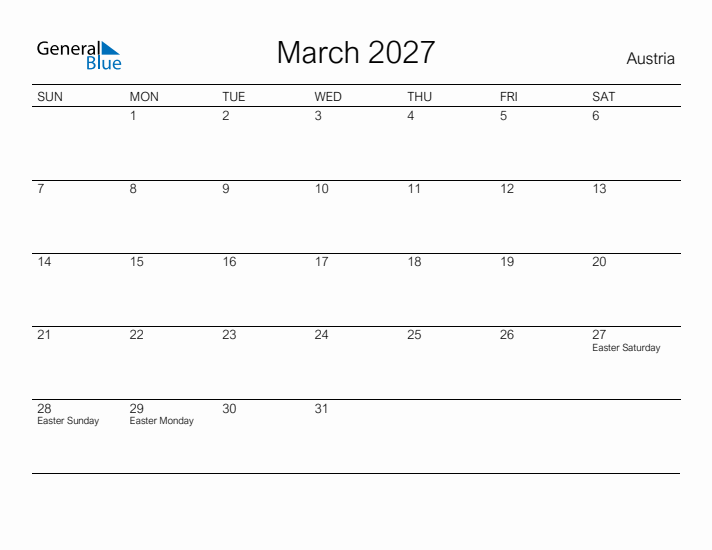 Printable March 2027 Calendar for Austria