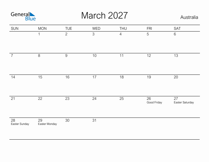 Printable March 2027 Calendar for Australia