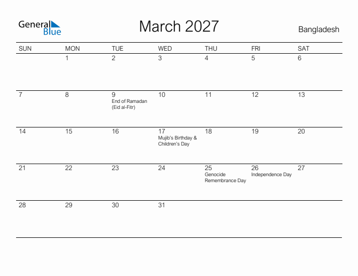 Printable March 2027 Calendar for Bangladesh