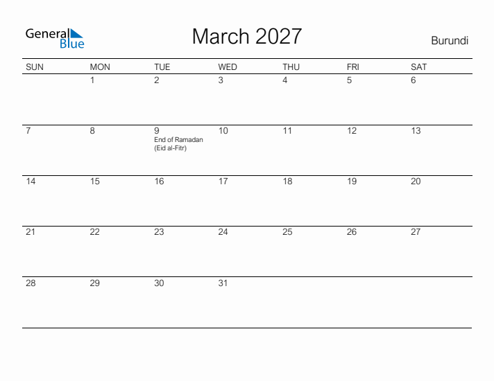 Printable March 2027 Calendar for Burundi