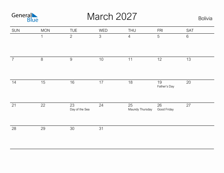 Printable March 2027 Calendar for Bolivia