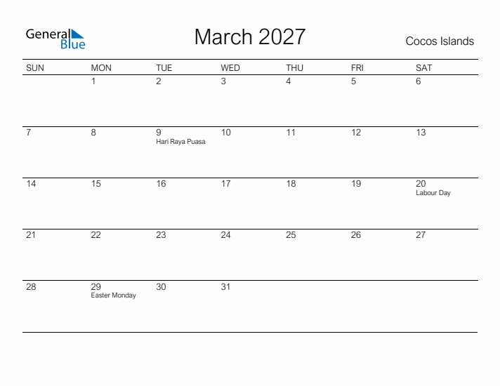 Printable March 2027 Calendar for Cocos Islands