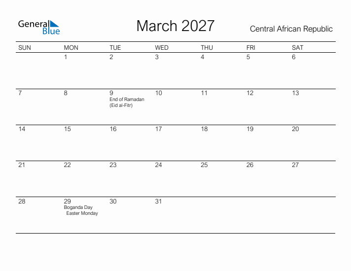 Printable March 2027 Calendar for Central African Republic