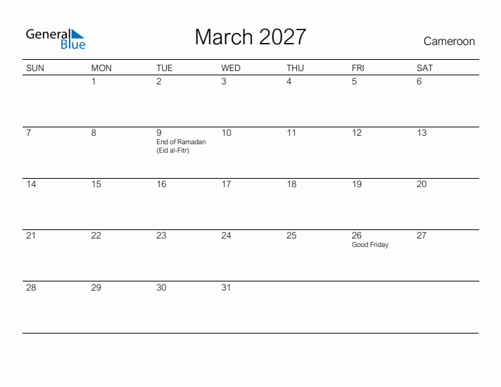 Printable March 2027 Calendar for Cameroon