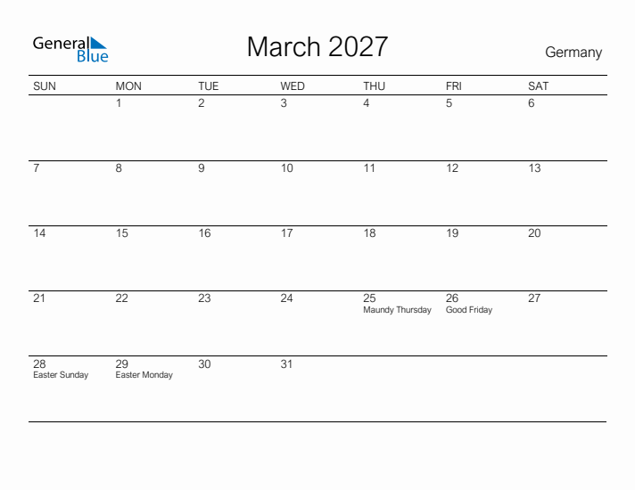 Printable March 2027 Calendar for Germany