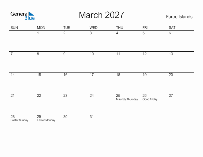 Printable March 2027 Calendar for Faroe Islands