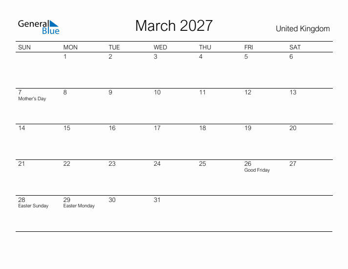 Printable March 2027 Calendar for United Kingdom