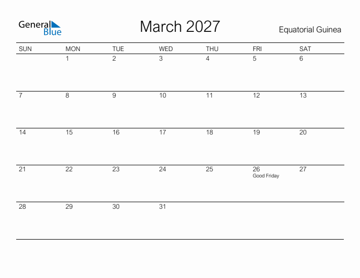 Printable March 2027 Calendar for Equatorial Guinea