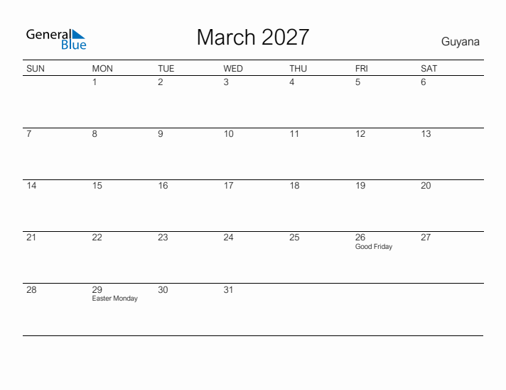 Printable March 2027 Calendar for Guyana