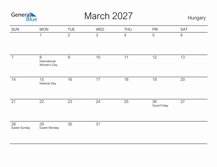 Printable March 2027 Calendar for Hungary