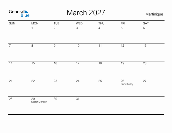 Printable March 2027 Calendar for Martinique