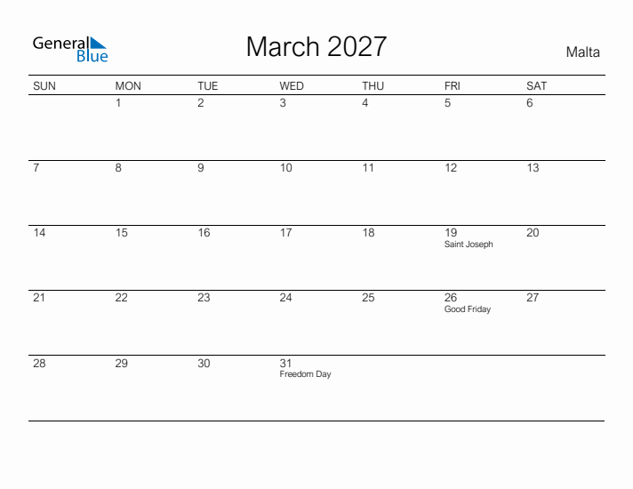 Printable March 2027 Calendar for Malta