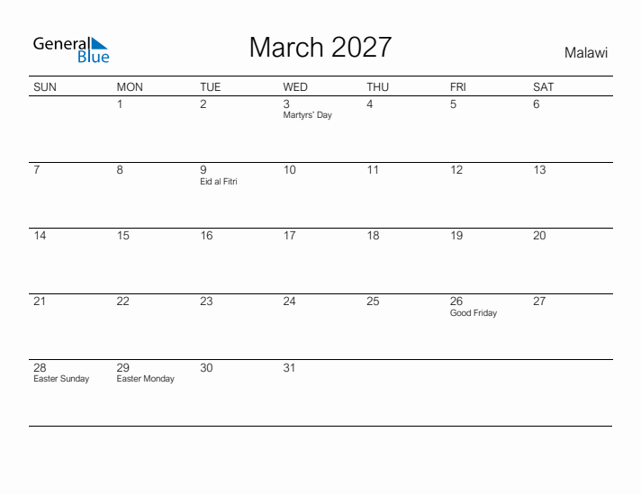 Printable March 2027 Calendar for Malawi