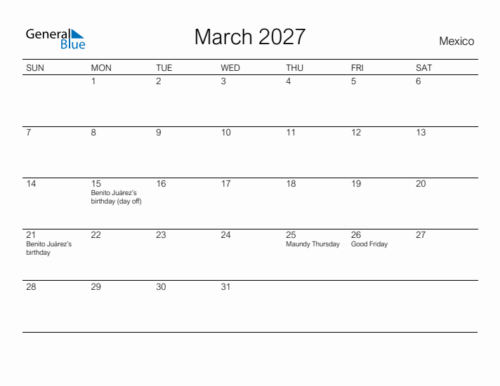 Printable March 2027 Calendar for Mexico