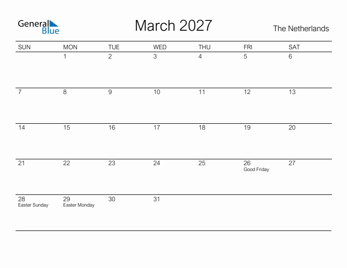 Printable March 2027 Calendar for The Netherlands