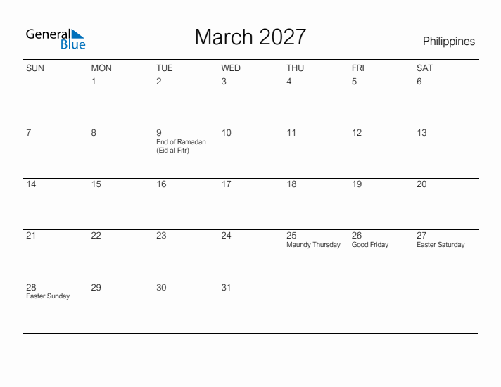 Printable March 2027 Calendar for Philippines