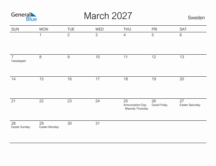 Printable March 2027 Calendar for Sweden