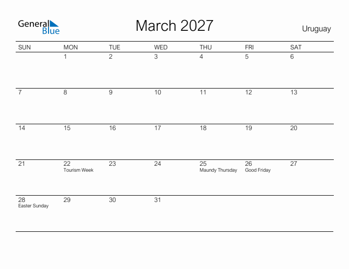 Printable March 2027 Calendar for Uruguay