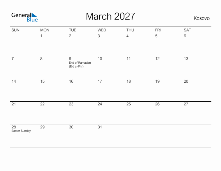 Printable March 2027 Calendar for Kosovo