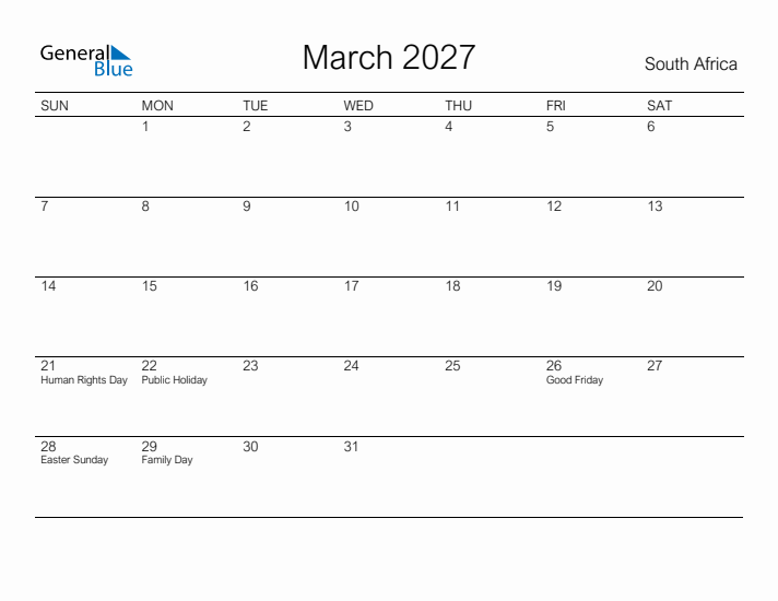 Printable March 2027 Calendar for South Africa