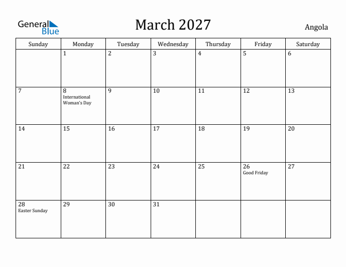 March 2027 Calendar Angola