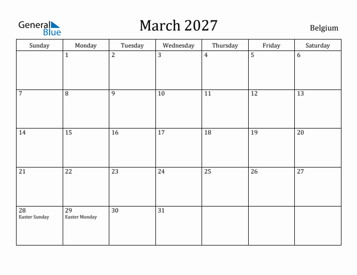 March 2027 Calendar Belgium