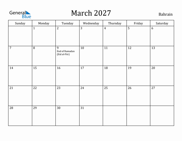 March 2027 Calendar Bahrain