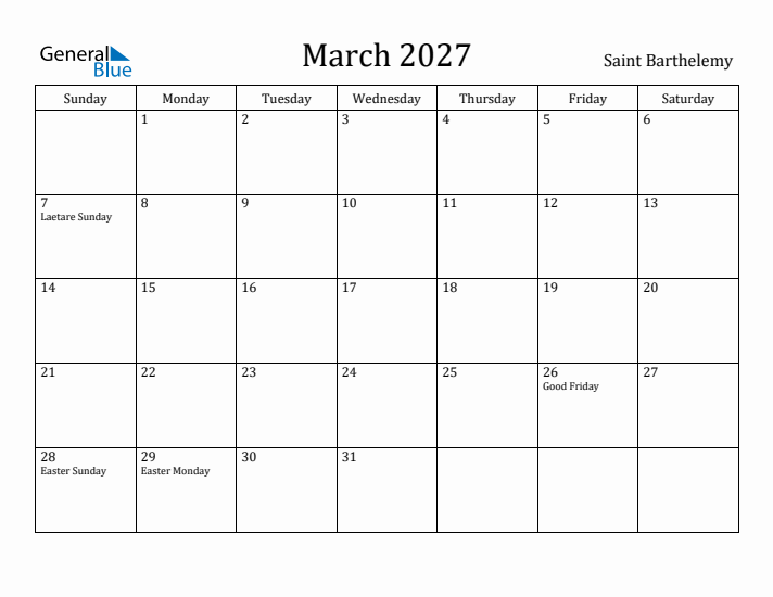 March 2027 Calendar Saint Barthelemy