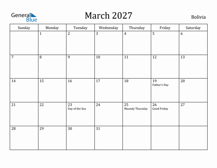 March 2027 Calendar Bolivia