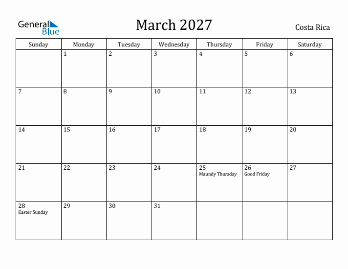 March 2027 Calendar Costa Rica