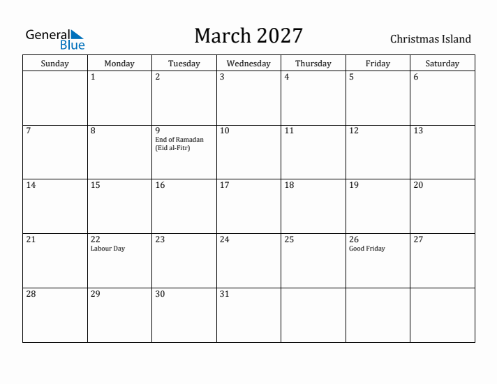 March 2027 Calendar Christmas Island