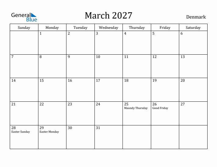 March 2027 Calendar Denmark