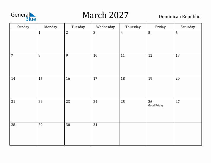 March 2027 Calendar Dominican Republic