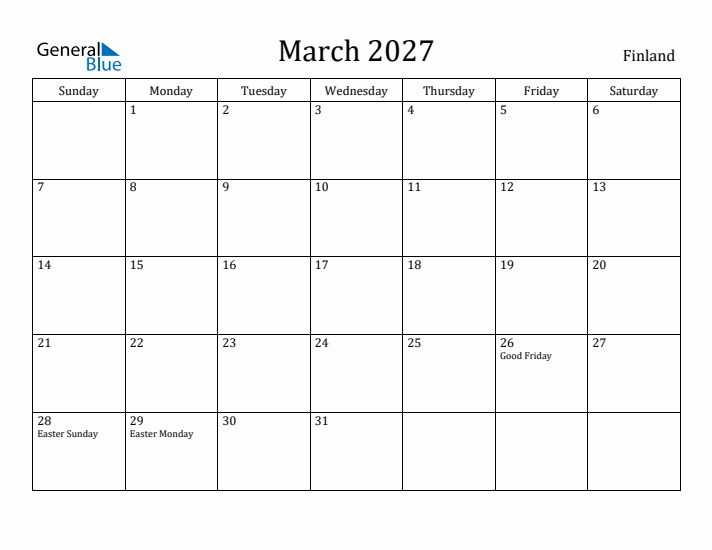 March 2027 Calendar Finland