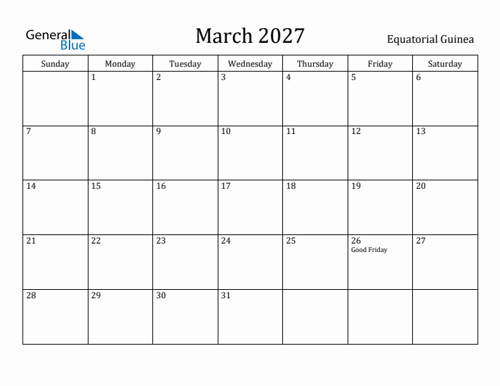 March 2027 Calendar Equatorial Guinea