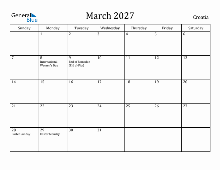 March 2027 Calendar Croatia