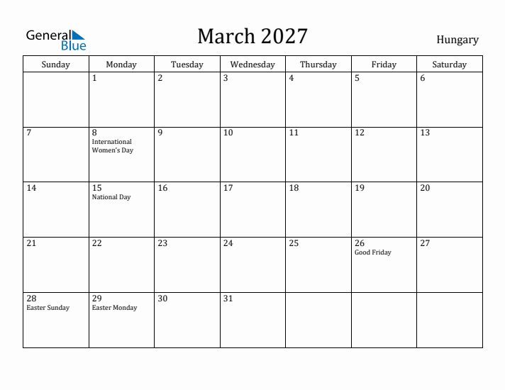 March 2027 Calendar Hungary