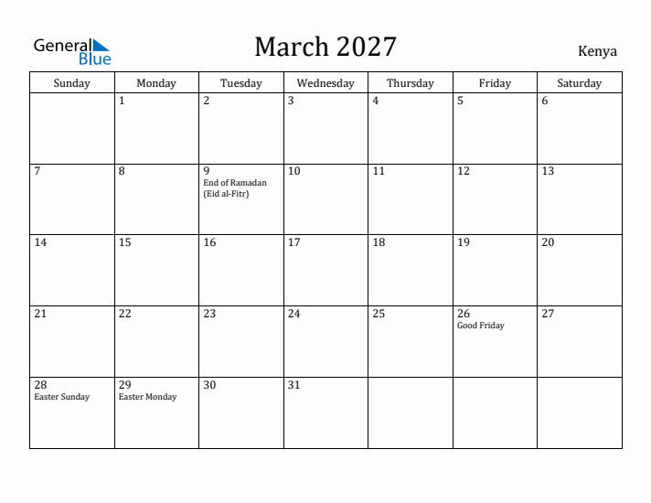 March 2027 Calendar Kenya