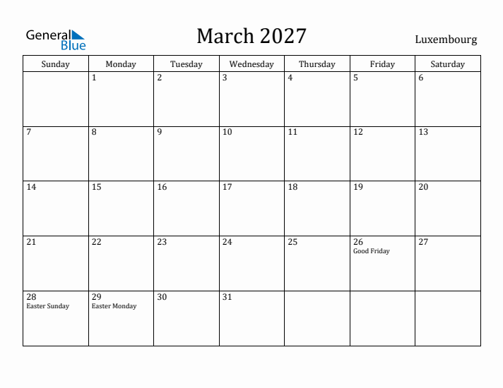 March 2027 Calendar Luxembourg