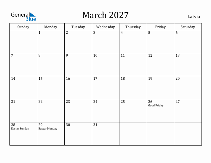 March 2027 Calendar Latvia