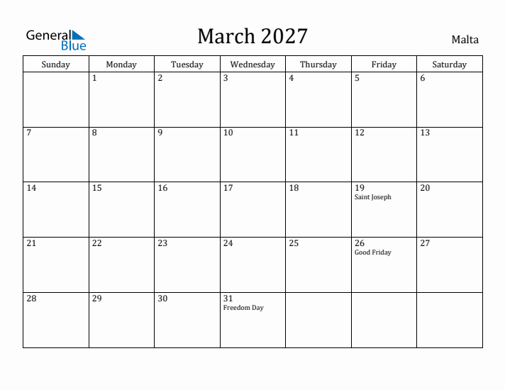 March 2027 Calendar Malta