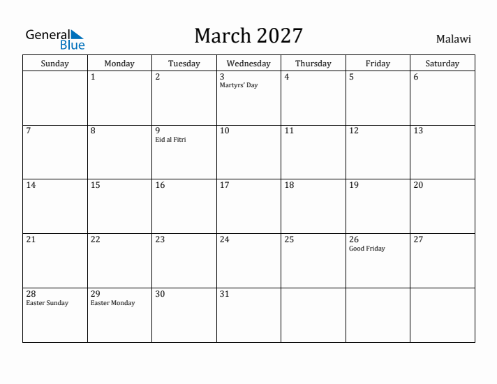 March 2027 Calendar Malawi