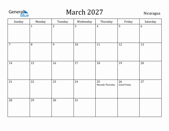 March 2027 Calendar Nicaragua