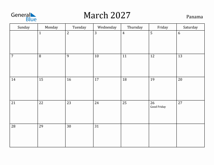 March 2027 Calendar Panama