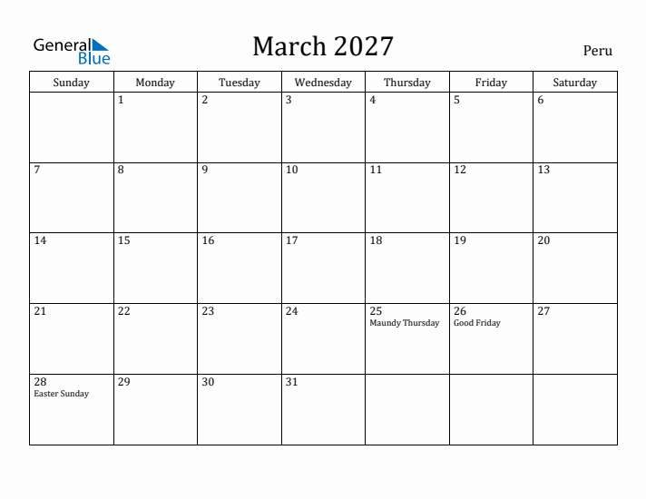 March 2027 Calendar Peru