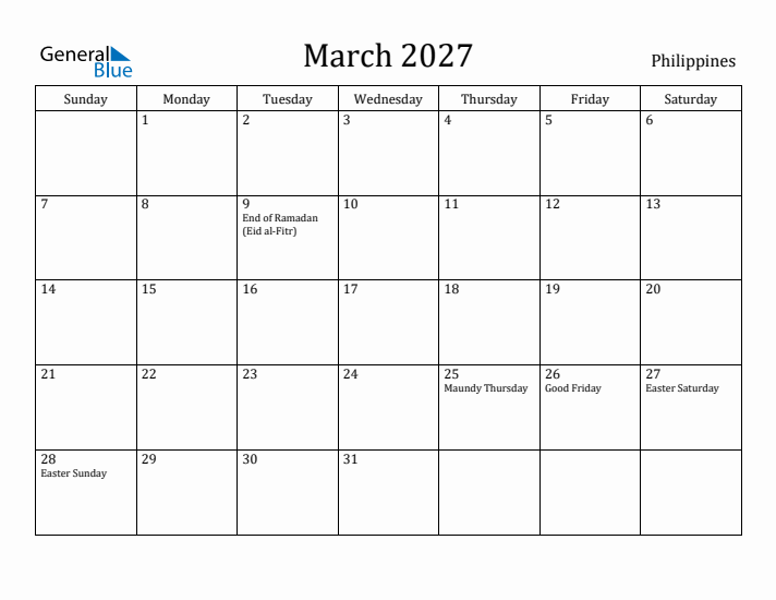 March 2027 Calendar Philippines