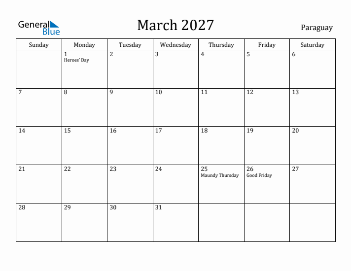 March 2027 Calendar Paraguay